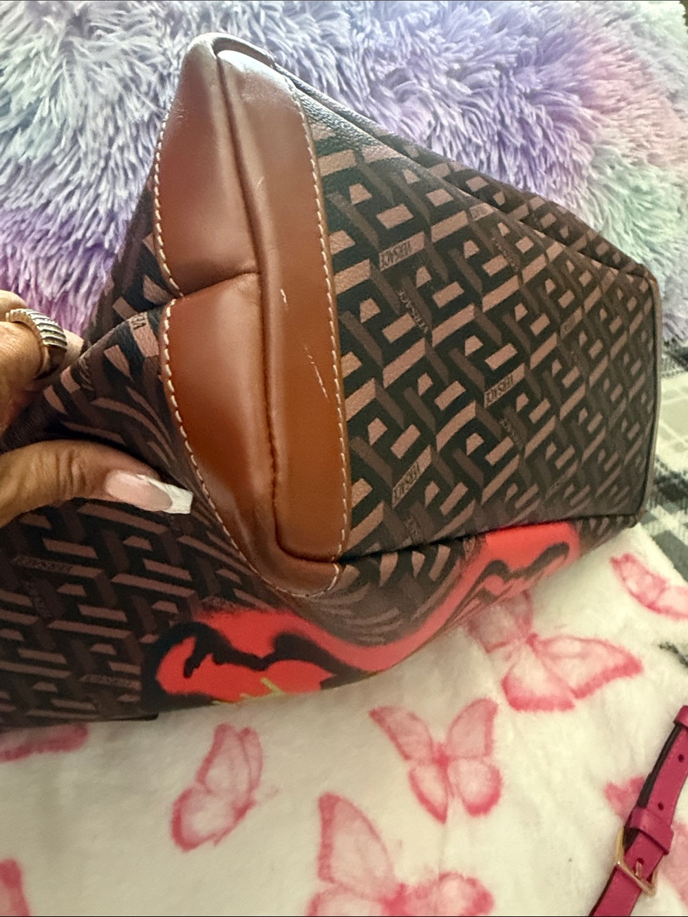 Versace Brown Tote with Neon Red Logo and Lime Accents - Picture 11 of 14